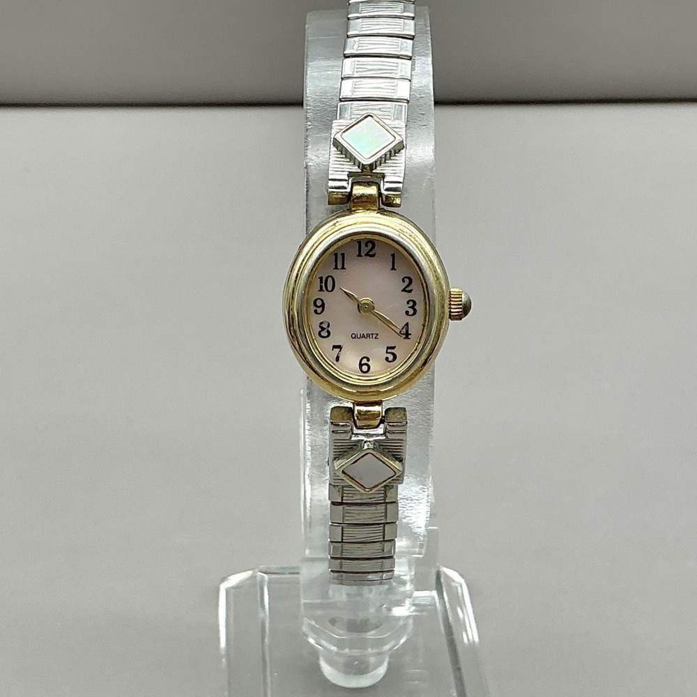 Womens Watch Two Tone MOP Diamond Accent Expansion Bracelet 25mm 6.5" Quartz